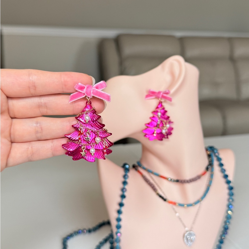 Pink Ribbon Tree Drop Earrings - Picture 5 of 13